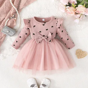 NEW Toddler Baby Girl Cotton Print Knitted Ruffle Long Sleeve Knee-Length Heart Tulle Tutu Dresses Spring Fall Clothes