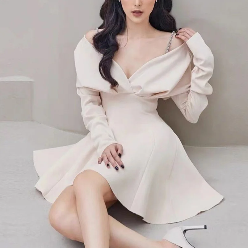 Elegant Summer Fashion Dress High Quality Maxi V-Neck Empire Casual Long Sleeved Woven Anti-Static Solid Color with Zippers
