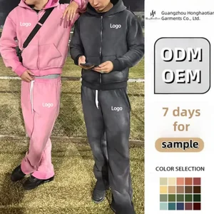 Custom Vintage Jogging Set Zip up Acid Wash Tracksuit Sweat Suit Hoodie and Straight Leg Flared Sweatpants Track Suit for Men