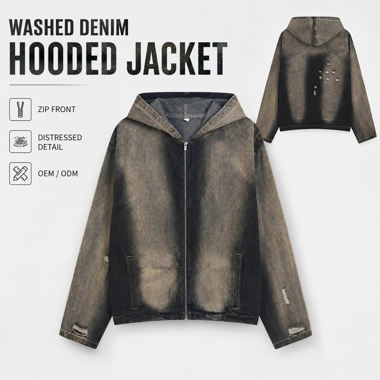 Distressed Hooded Denim Sweatshirt Destroyed Design Sense Men's Niche National Trend High Street Cross-Border