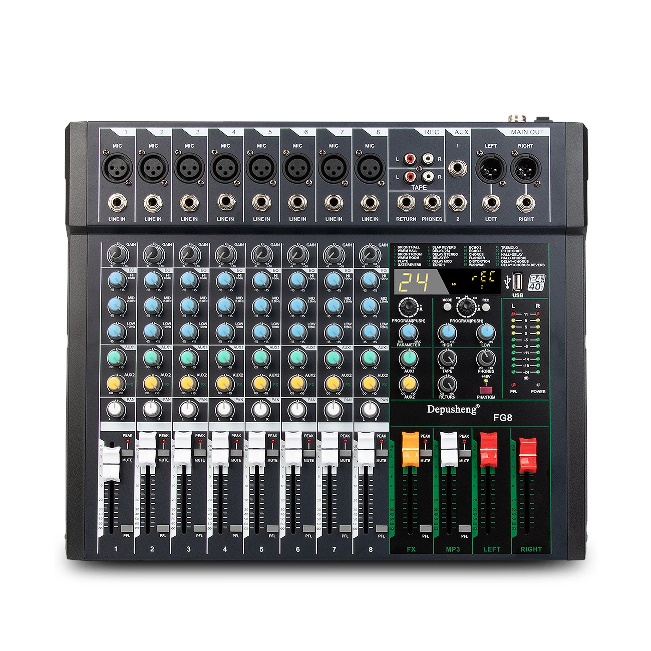 Mixer Audio DJ Portatile DEPUSHENG DE8 - 8 Canali, USB, Bluetooth, Alimentazione Phantom 48V Per PC E Registrazione