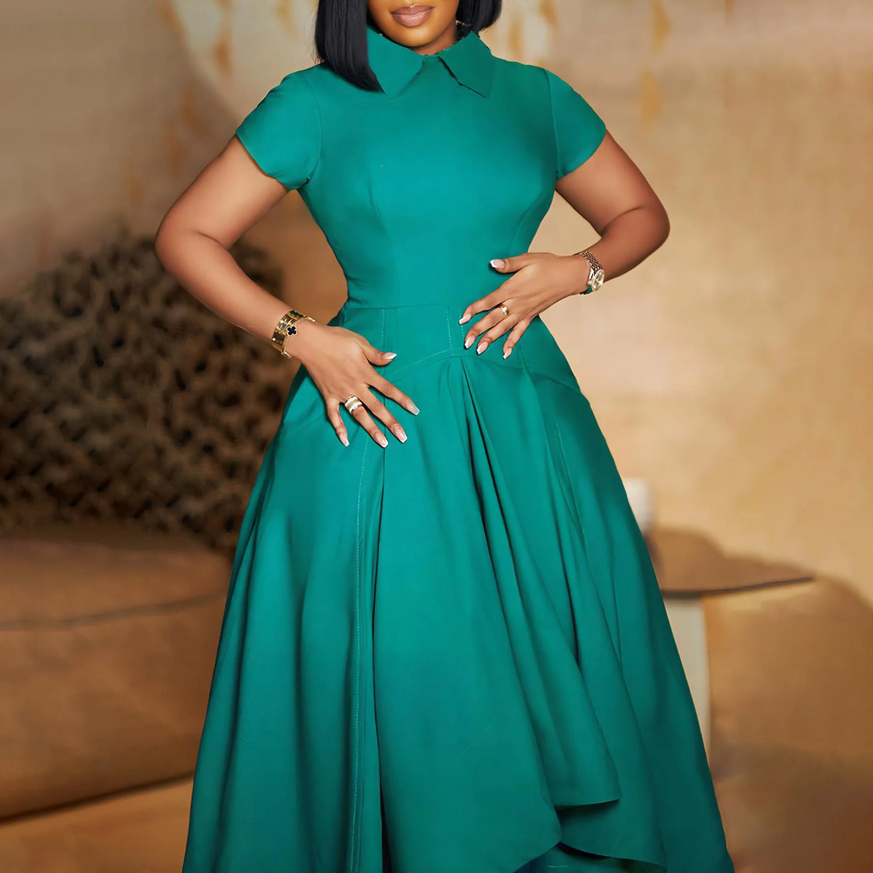 D514 Trendy Summer Party Dresses Women Polo Neck Short Sleeve High Waist  A-line Elegant African Dresses for Women Clothing