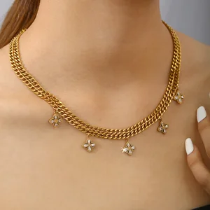 Fashion Personality Luxury Four-leaf Flower Inlaid Zircon Pendant Double-layer Bamboo Chain Sporty Pearl Women's Necklace