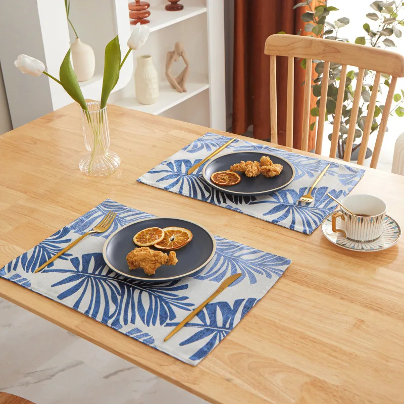 Nordic Style Dingin Table Jacquard Placemat Linen Cotton Restaurant Table Mats with Leaves Pattern