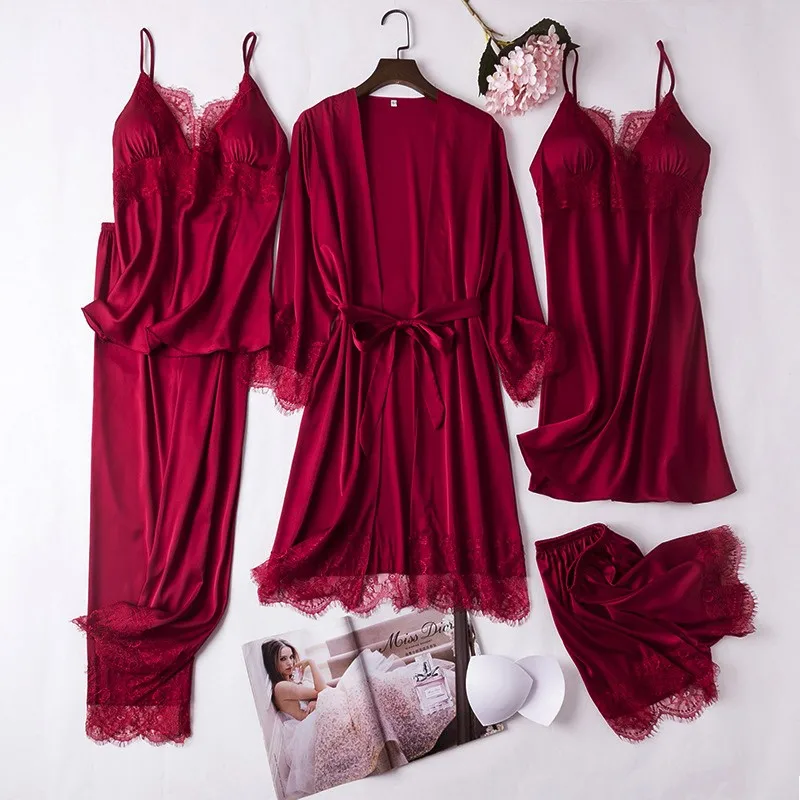 5PC Silk Robe Sleep Suit Womens Lace Satin Pajamas Gown Set V-Neck Cami  Nighties Wear Pijama Home Nightwear Spring Nightdress