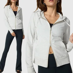 Sportswear 1pc Women Workout Cotton Cropped Fitted Full Zipper Hoodies Vintage Long Sleevesweatshirt with Pockets for Ladies