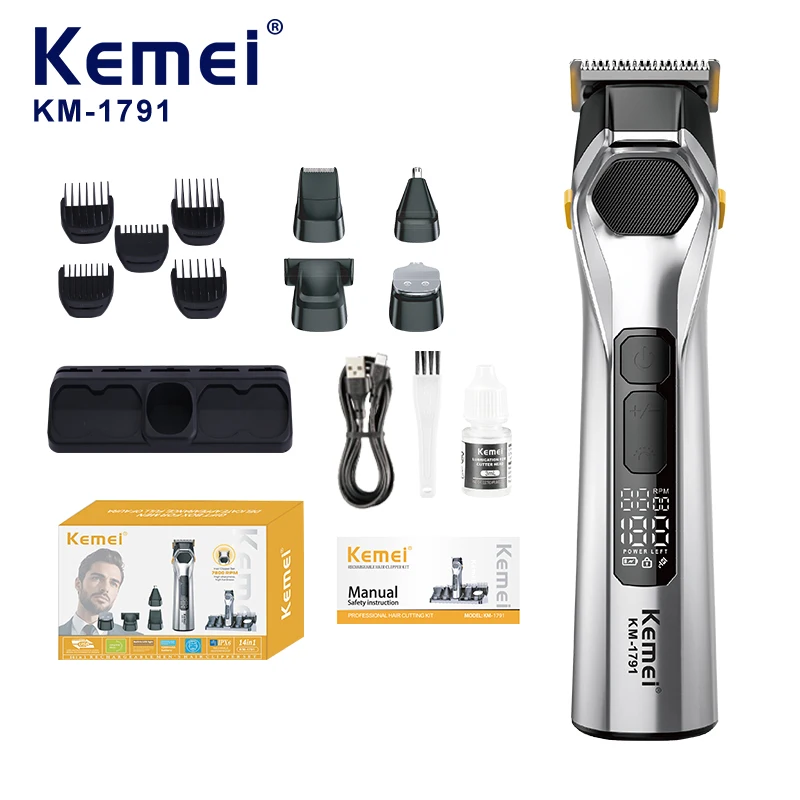 Kemei KM-1791, tondeuse pour cheveux 5-en-1 multifonctionnelle, capacité de batterie : 1200 mAh, vitesse : 7800 tr/min, kit comprenant station d’affichage, accessoire pour épiler les poils du nez, ciseaux à ongles et lames de coupe