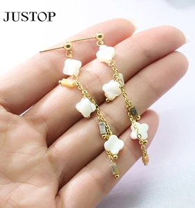 Trendy Natural Stone Plated Flower Zircon Stud Earring Bead Tassel Earrings Gold Steel Flower for Women Wholesale White Custom