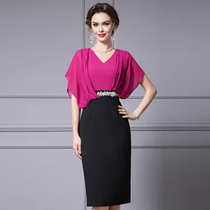 Runway Fashion Lady Occasions Dress Women's New Summer Patchwork Beading Covering Arm Slimming V-neck Elegant Party Dress