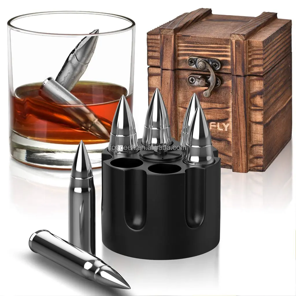 Husband Reusable Bullet Ice Cube for Whiskey Stainless Steel Bullet shaped Whiskey Stones in a Wooden Army Crate Whiskey Stone Bullets Gift Set Boyfriend Perfect Whiskey Gift Set for Men Dad 