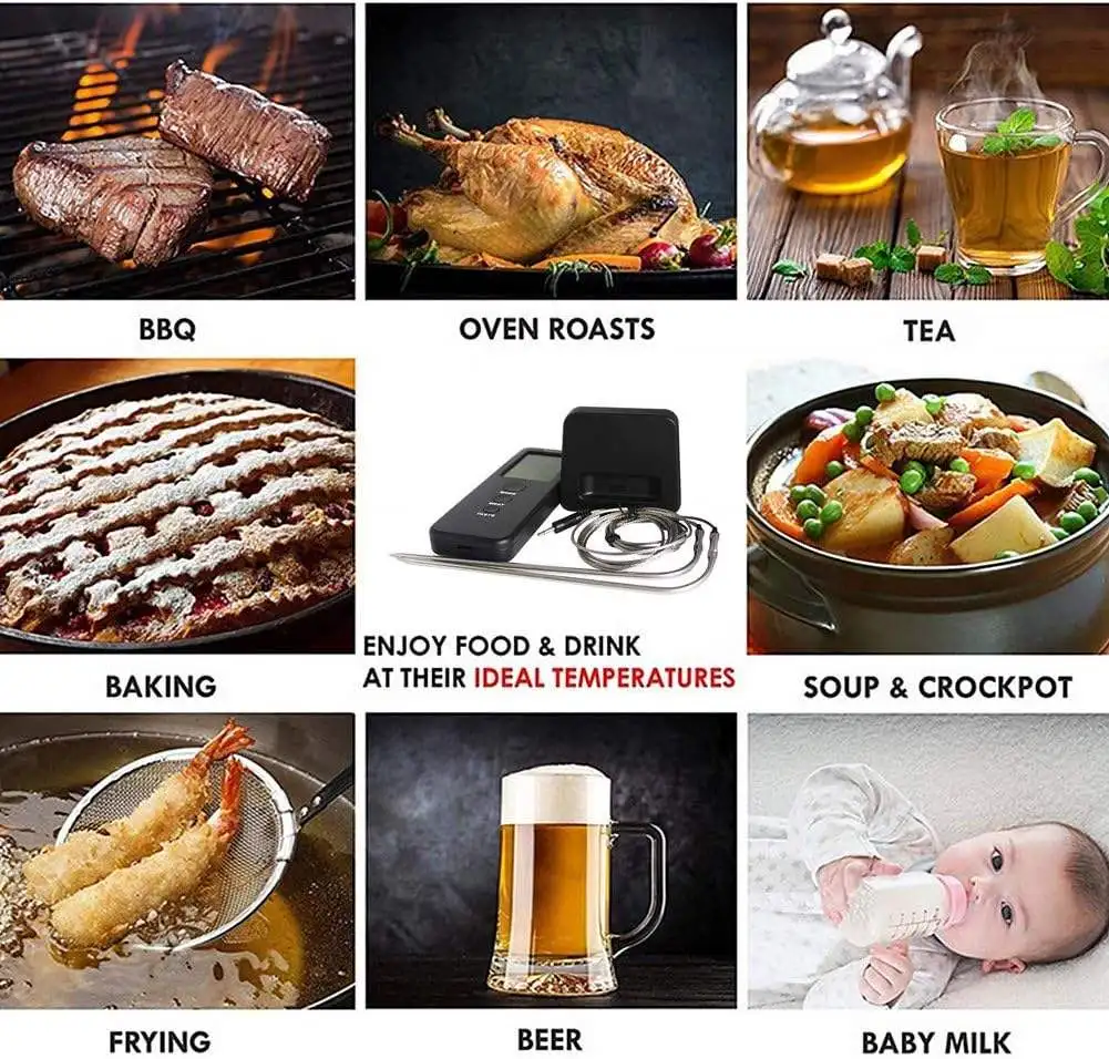 Wireless Remote Digital Cooking Food Meat Thermometer with Dual Probes for Smoker Grilling Oven BBQ Kitchen Thermometer