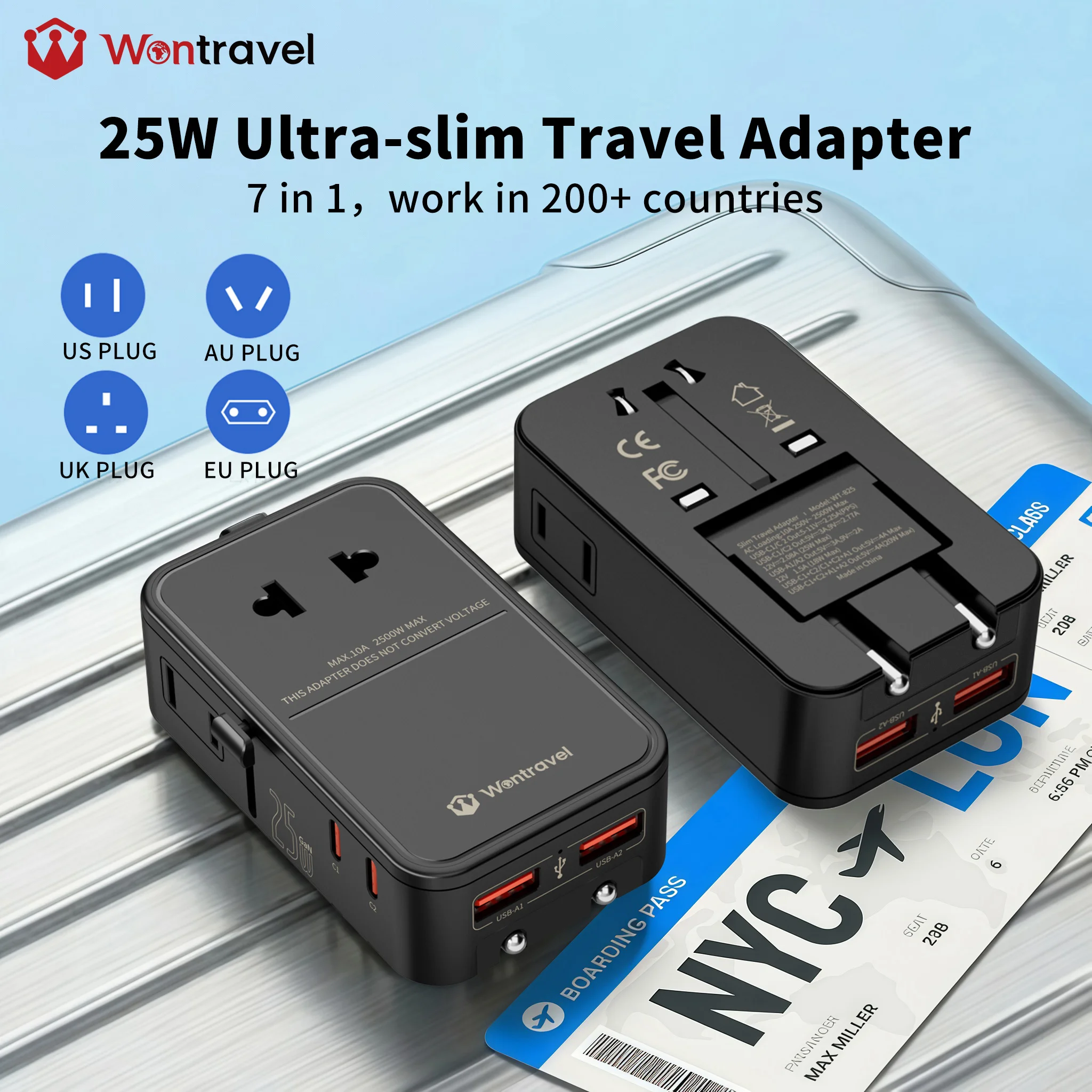 Adattatore internazionale da viaggio Wontravel con tecnologia PD da 25 W, 2 porte USB-C e 2 porte USB-A, universale e ultra sottile