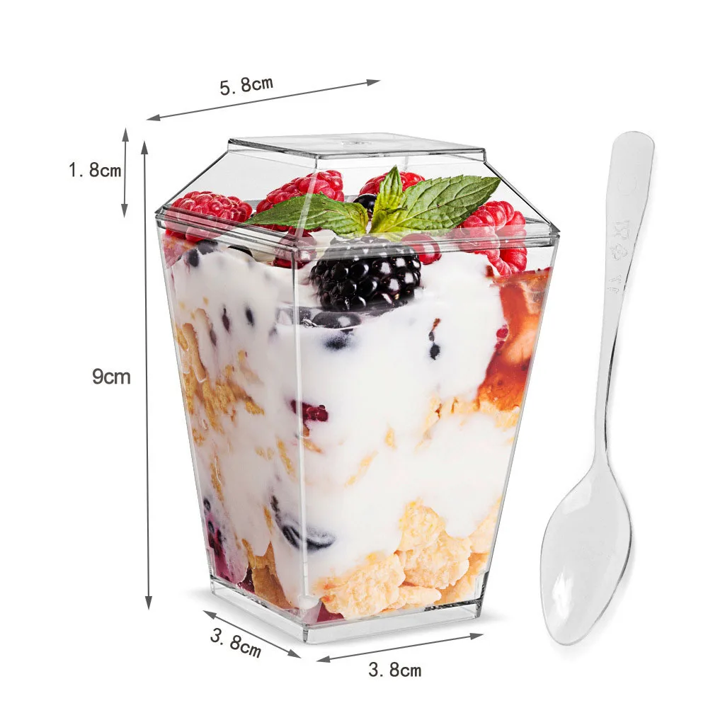 5oz Plastic Disposable Spoon Set with Lid, Transparent square Dessert Cup