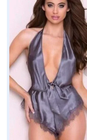 Plus Size Sexy Satin Lace Lingerie Bodysuits for Women Hollow Out Backless Bow Babydoll Lingerie