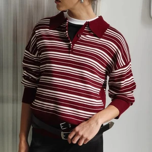 Spring Summer Long Sleeve Sweater Fashion Retro Casual Trend Top Women's Vintage Contrast Striped Knitted Polo Collar T Shirt