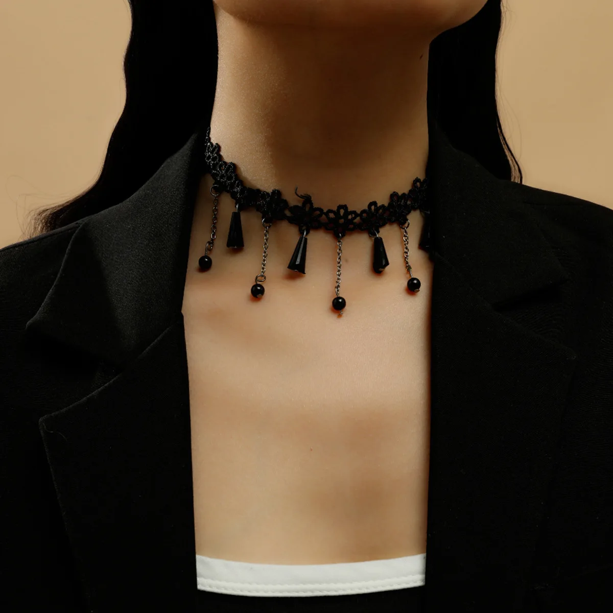 Lace Choker Necklace With Beads Chain Pendants Gothic Jewelry For Woman Girl  - Black 