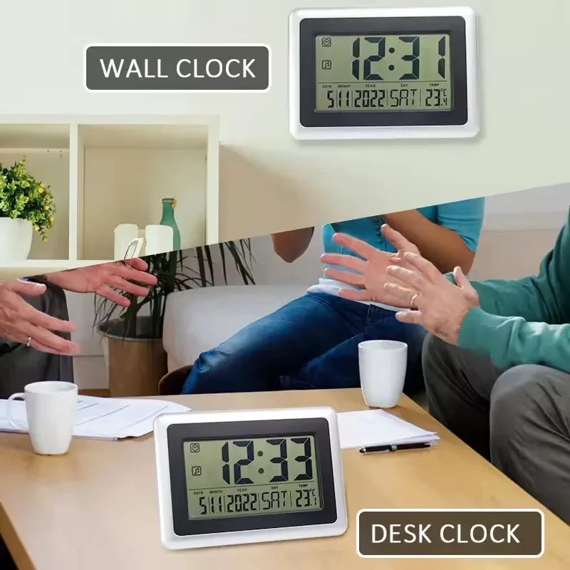 Large LCD Digital Alarm Clock Day Date Digital Calendar Day Large Digital Wall Clock Silent Desk Clocks