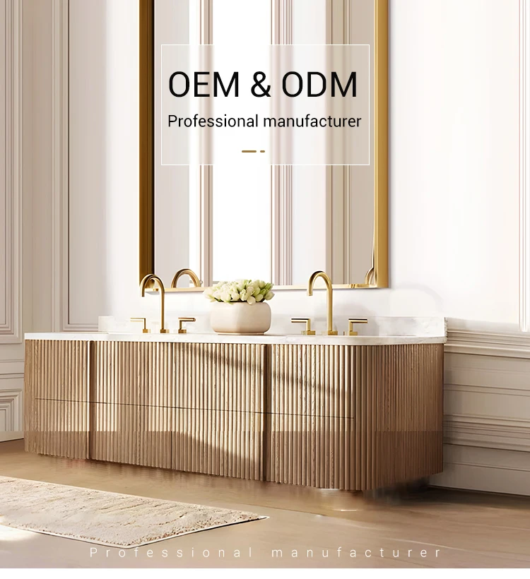 product wholesale luxury floor standing bathroom cabinet soild wood curved bathroom vanity set with round mirror-1