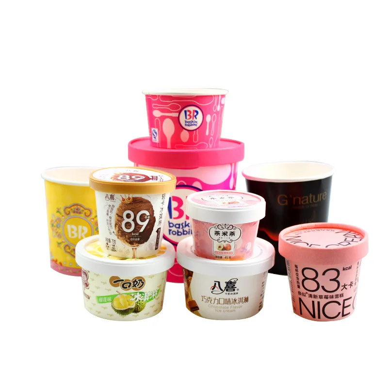 Single Wall Disposable round Yogurt & Ice Cream Packaging Boxes Frozen Sundae Gelato Container with Paper Lid