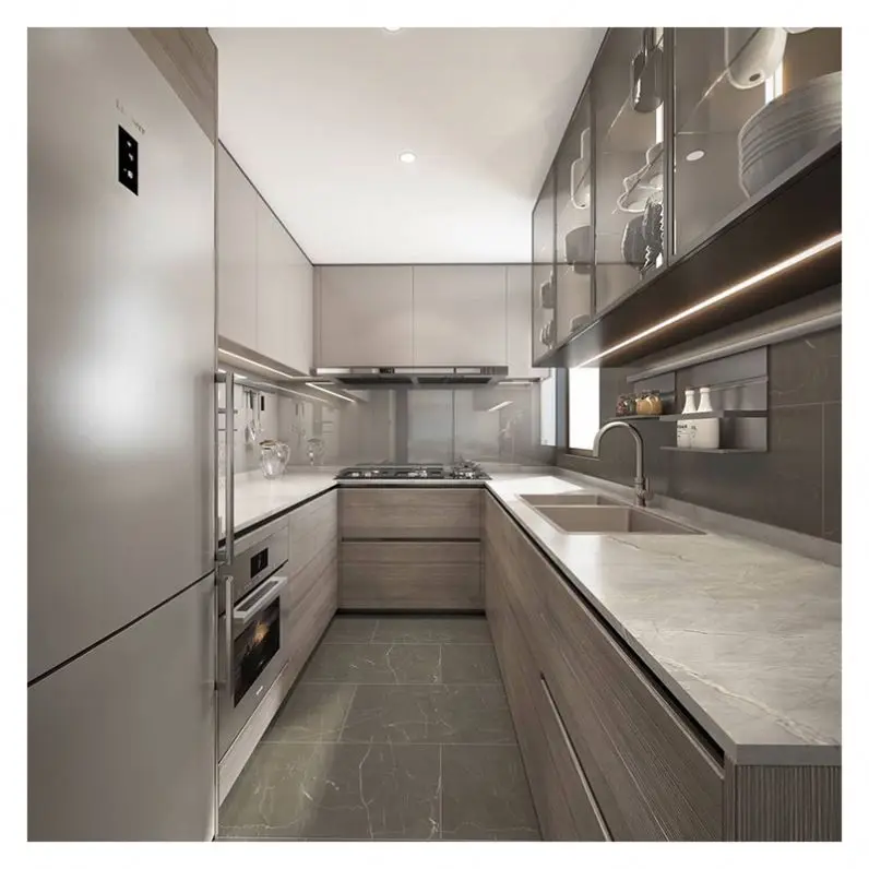 Grey Flat Design High Gloss Kitchen Cabinet Set Kitchen Cabinets