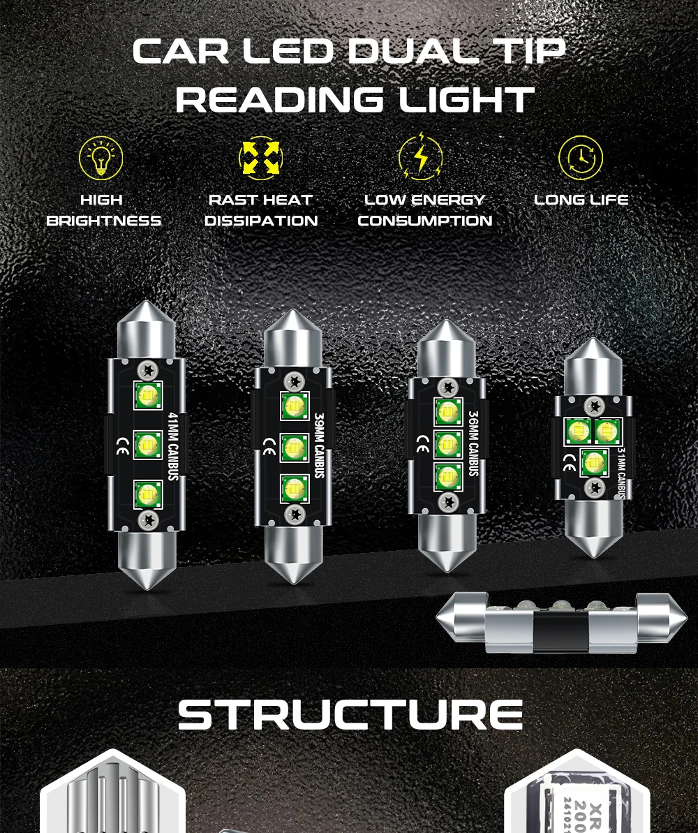 TECH-KING LED Double tip CREES 3smd 31mm 36mm 39mm 41mm DC12V White Light For Auto Lighting System Reading License plate light