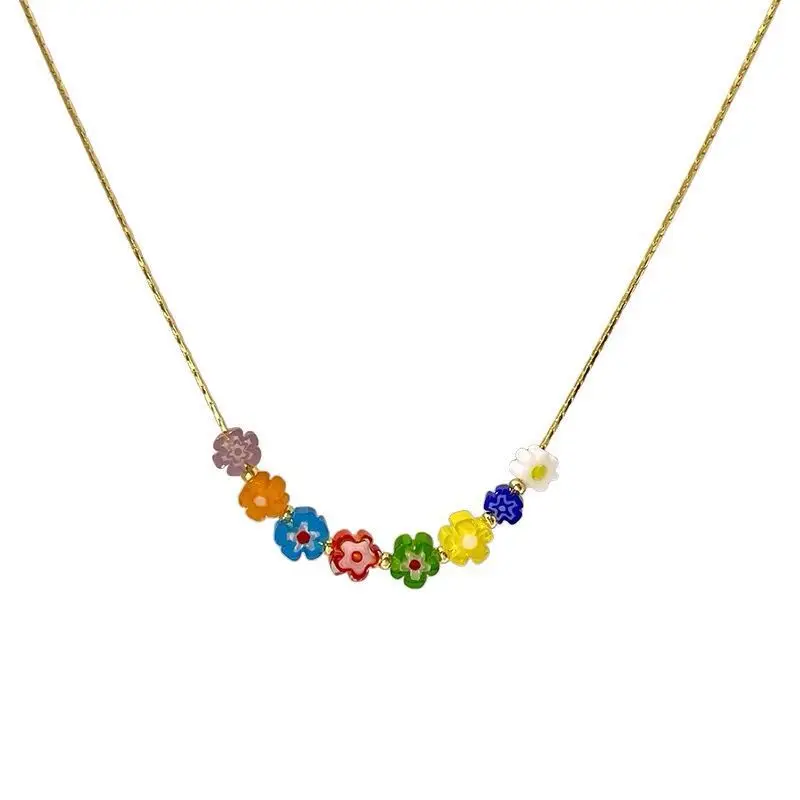 Wholesale Korean Simple Cute Fashion Zinc Alloy Gold Chain Jewelry Colorful  Flower Beads Pendant Necklace For Women Girls From m.