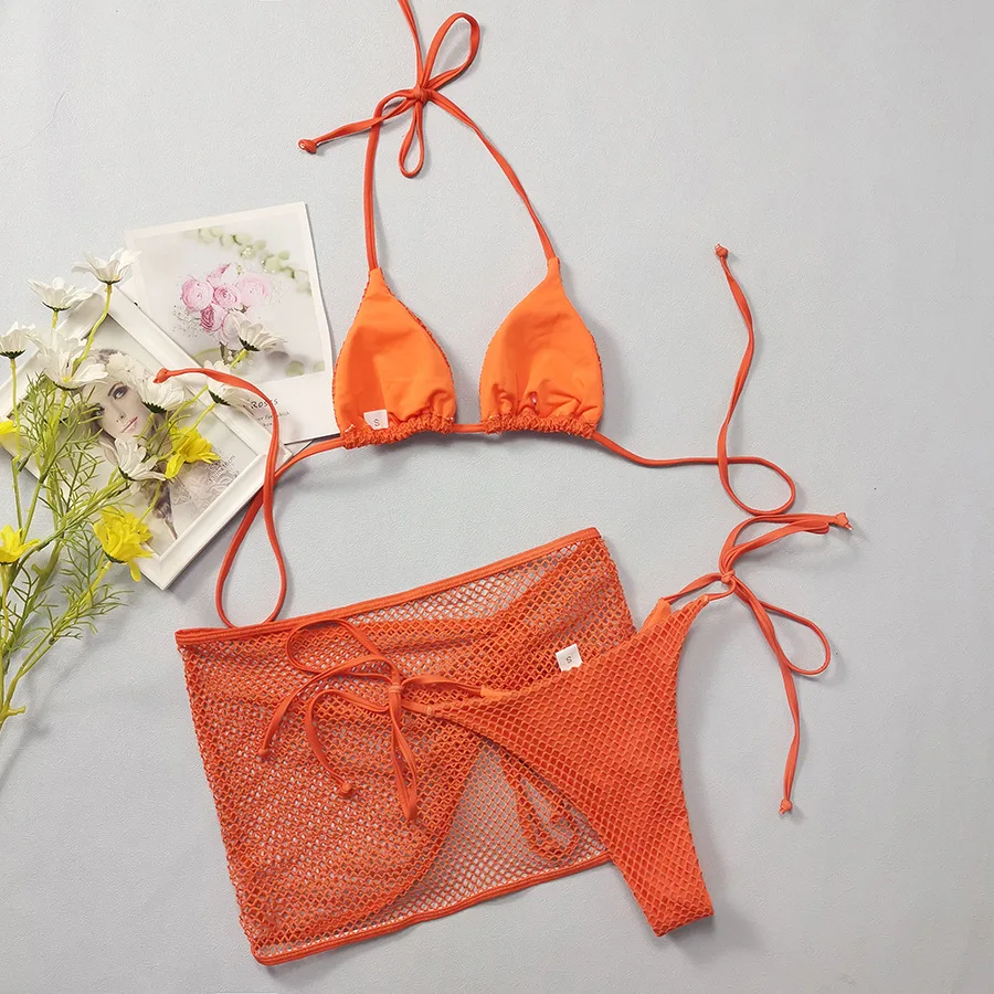 STOCK Two Colors Plain Basic Bikini Women 3Pieces Swimwear Fishnet Swimsuit Hollow Out Skirt CoverUp