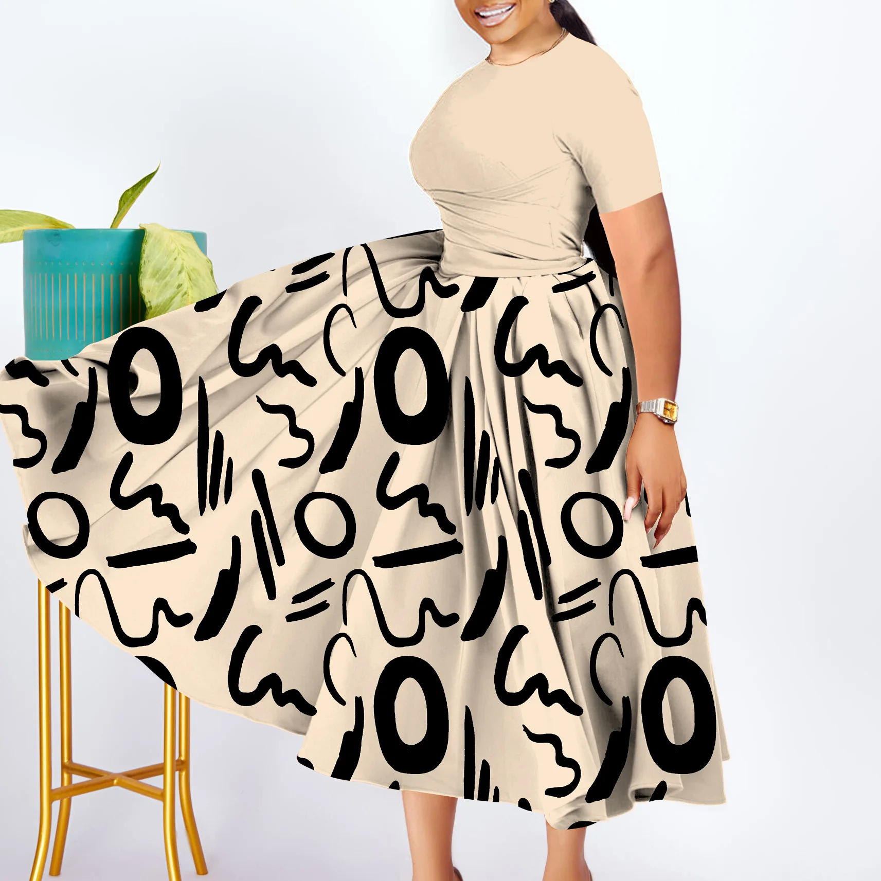 Trendy Plus Size Summer Dresses Women Casual Elegant Ruched Short Sleeve  A-line Printed Dresses for Women Clothing