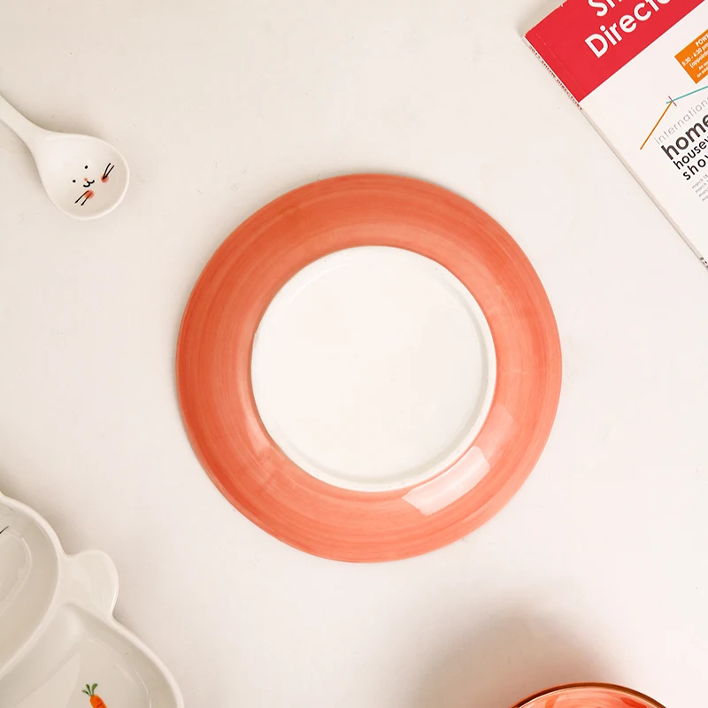 Rabbit Creative Kids Cute Animal Print Dinnerware Children Ceramic Porcelain Dinner Bowl Divided Plate and Spoon Sets manufacture