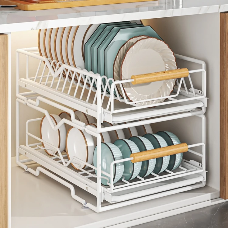 Plate Bowl Rack Storage Cabinet Drawer Built-In Pull-Out Dish Rack With  Holder Dinnerware Organizer