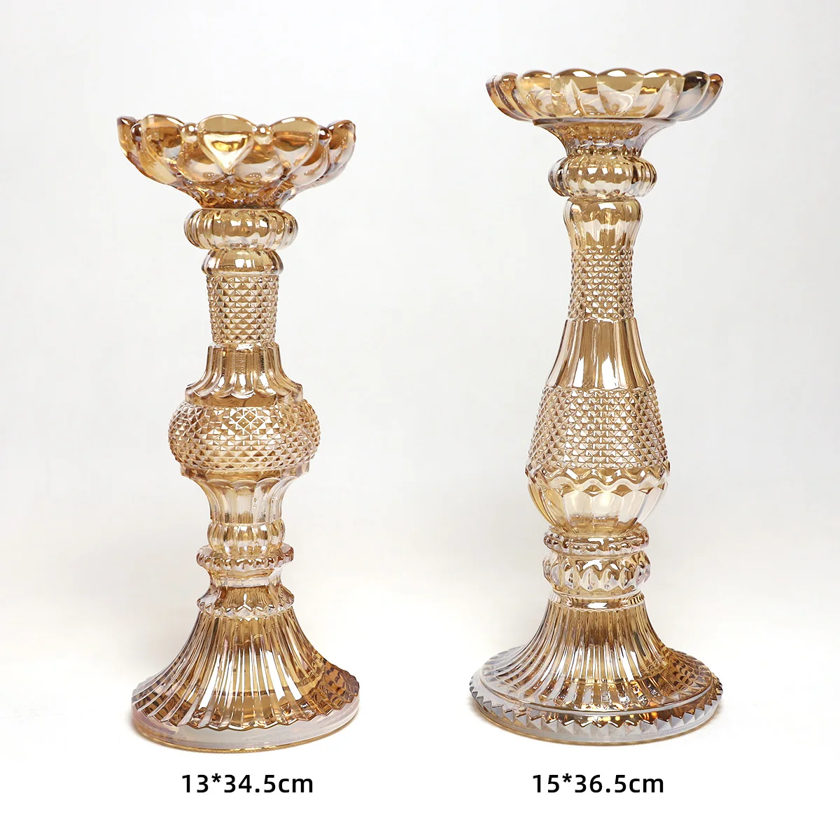 Vintage luxury home decoration tabletop tall long stem pillar clear gold ribbed glass taper candle stand stick holder set of 3 supplier