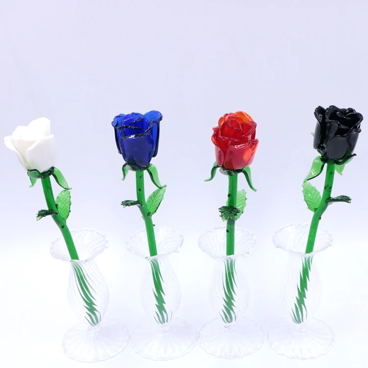 Customized Colored Murano Art Lampwork Long Stem Glass Craft Flower Rose Wholesale