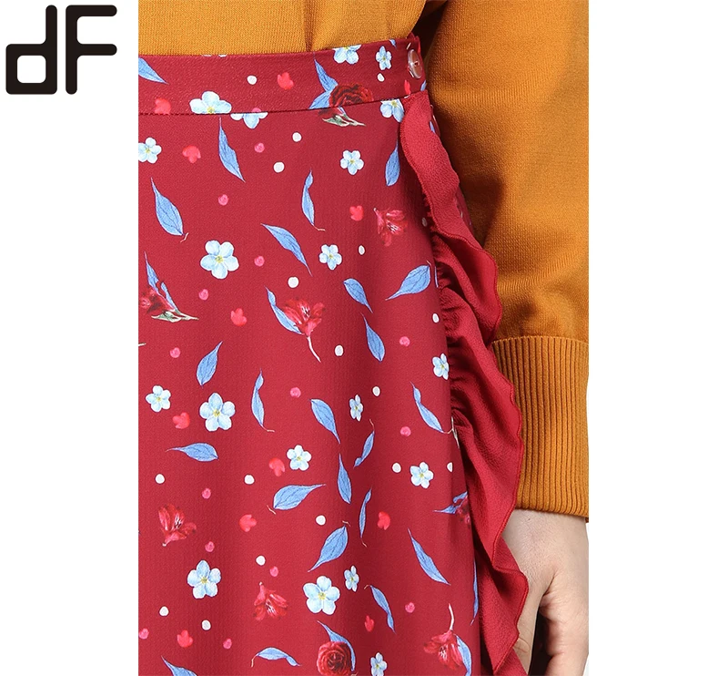 Day Look OEM Factory Customized Islamic Long Skirts for Women Maroon Floral Print Ruffle a Line Skirt Muslim Ladies Skirts