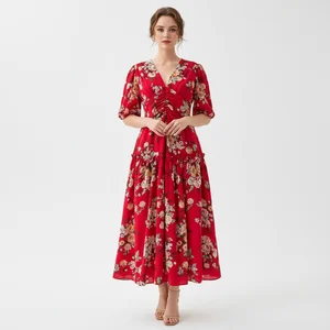 Summer Casual Woven Breathable Washable Sweet V-Neck Tunic Slim Pleated Midi Empire Waist Floral Lace Dress for Women