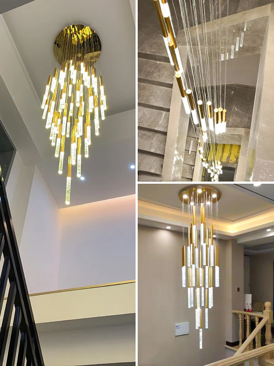 Modern Contemporary Villa Long Stairwell Led Hanging Spiral Gold ...