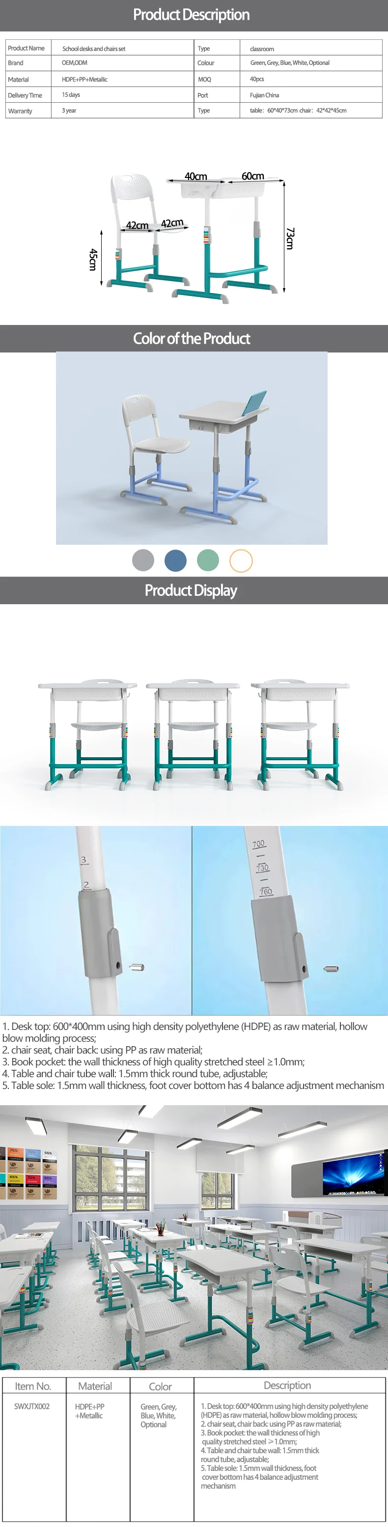 School desk and chair adjustable height in classroom sets mesas
