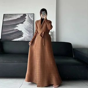 Middle Eastern Miyake Women Pleated Cardigan Summer Design Plus Size Solid Color Robe Coat Traditional Muslim Casual Long Abaya