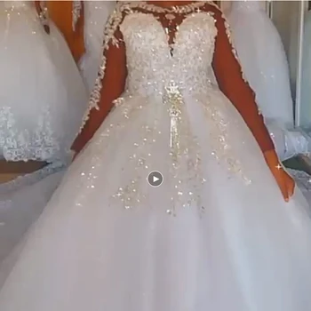 2022 100% Real Photo Luxury Appliques Long Sleeve Beaded Ball Gown Wedding Dress Plus Size Vintage Bride Gown