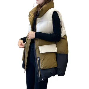 New Loose Women's Big Pocket Color Block Down Cotton Vest