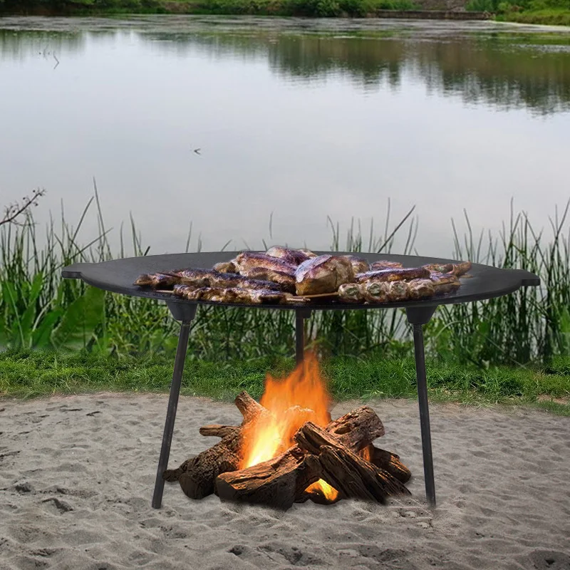 Outdoor Big Cast Iron BBQ griddle Plate Hot Plate Pans Round Shape Roast Barbecue Saucepan