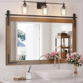 White brown color Farmhouse barn door style rectangle solid Eco-friendly wood frame rustic decor wall mirrorr