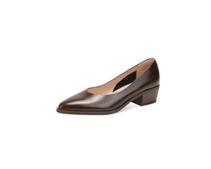 Classic Brown PU Slip-On Formal Summer Fashion Trend Pumps with Low Block Heel and Almond Pointed Toe Comfortable Office Shoes