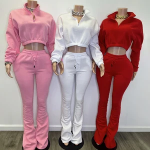 Huili Manufacturer Oem High Quality Cotton French Terry Crop Stand Collar Sweatshirt & Flare Sweatpants 2025 Women Hoodie Set