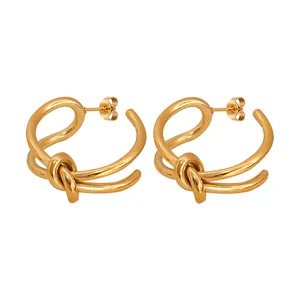 Unique Design Stainless Steel Non Tarnish Personality Knot Hoop Earrings Jewelry Double Layer Earring for Women
