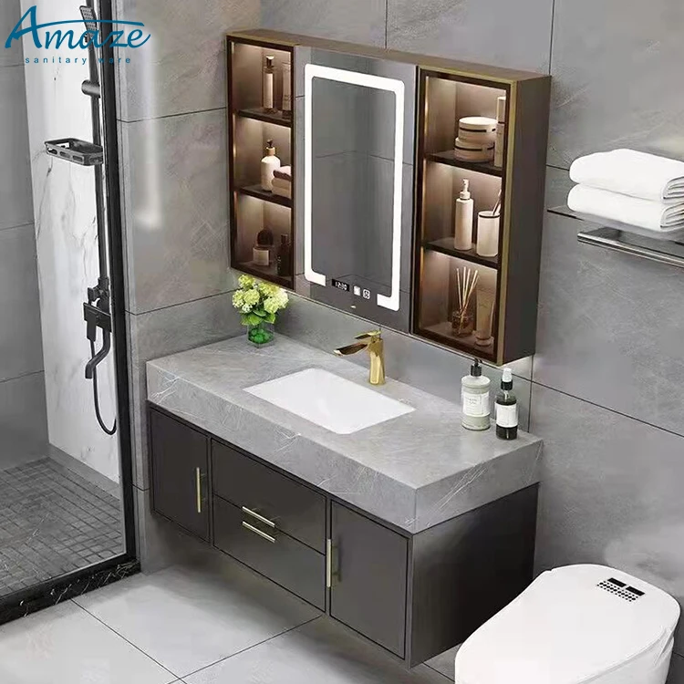 Modern style hotel household furniture plywood design intelligent mirror cabinet bathroom vanitiy sink factory