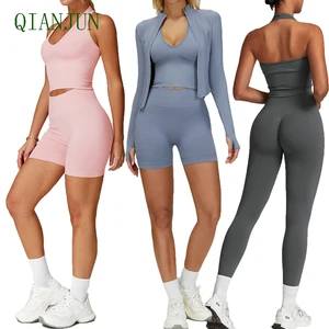 Custom Logo Yoga Fitness Sets Seamless Halter Neck Sports Bra Workout Vest High Waist Leggings Gym Suit Yoga Sets