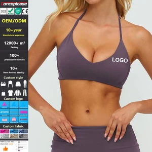 Custom Fabric Color Logo Quick Dry Sujetador Deportivo V-Neck Halter Bodycon Yoga Vest Women Sports Underwear Gym Fitness Bra