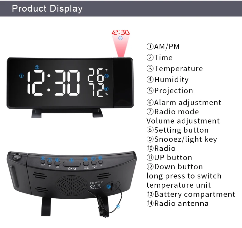 Digital Curve Led Projection Radio Alarm Clock Three Display Colors Desktop Temperature Clock for Bedroom