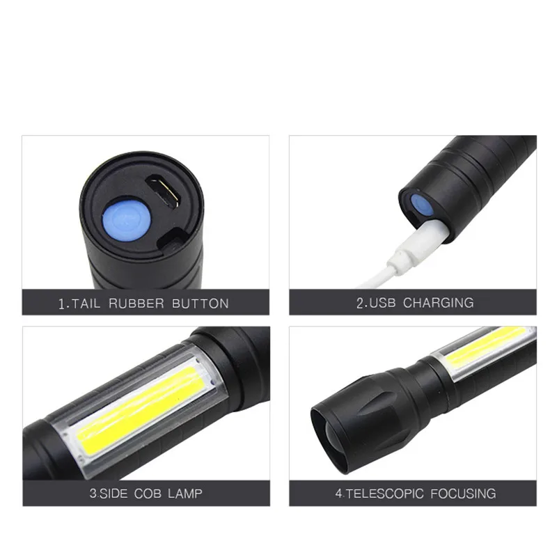 Super Bright Zoom LED Q5 T6 Torch Light With Side COB Light Aluminum Waterproof night light USB Rechargeable Led Flashlight
