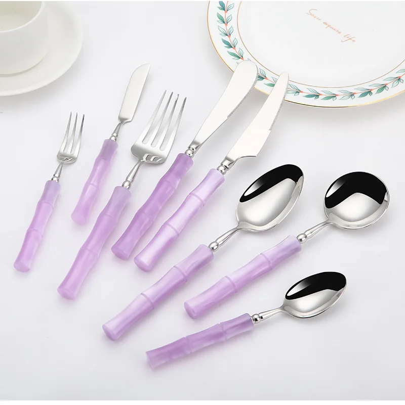 High Quality 18/10 Flatware Set Violet Acrylic Handle Stainless Steel Knife Fork Spoon Silverware Restaurant Cutlery Set